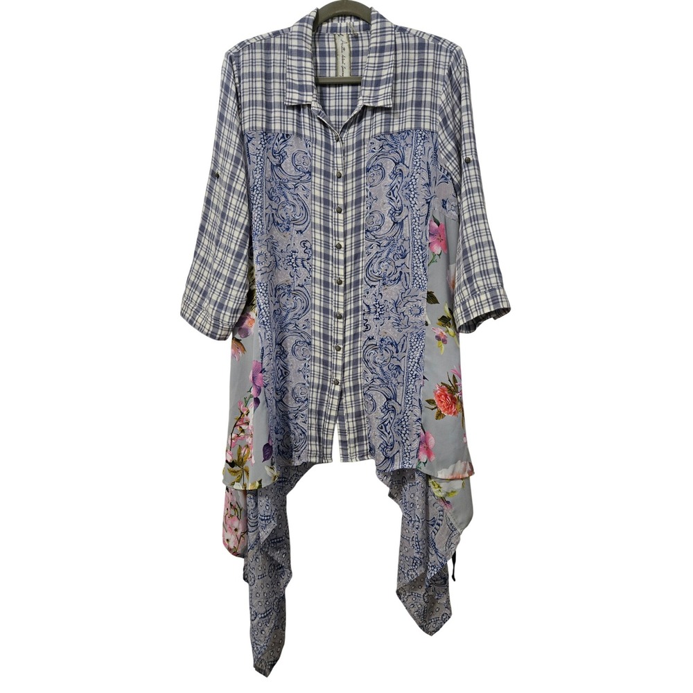 Mixed-Print Blue Floral & Plaid Tunic Shirt
